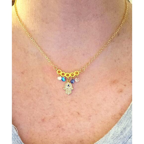 Dainty CZ Hamsa Necklace Pendant Crystals Unique Gold-Plated Adjustable Chain - Picture 2 of 6